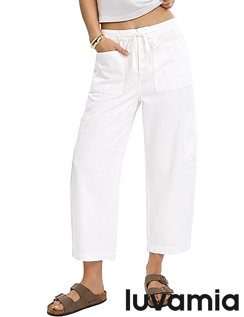 Women's Denim Elastic-Waist Drawstring Wide-Leg Jeans – Cream White