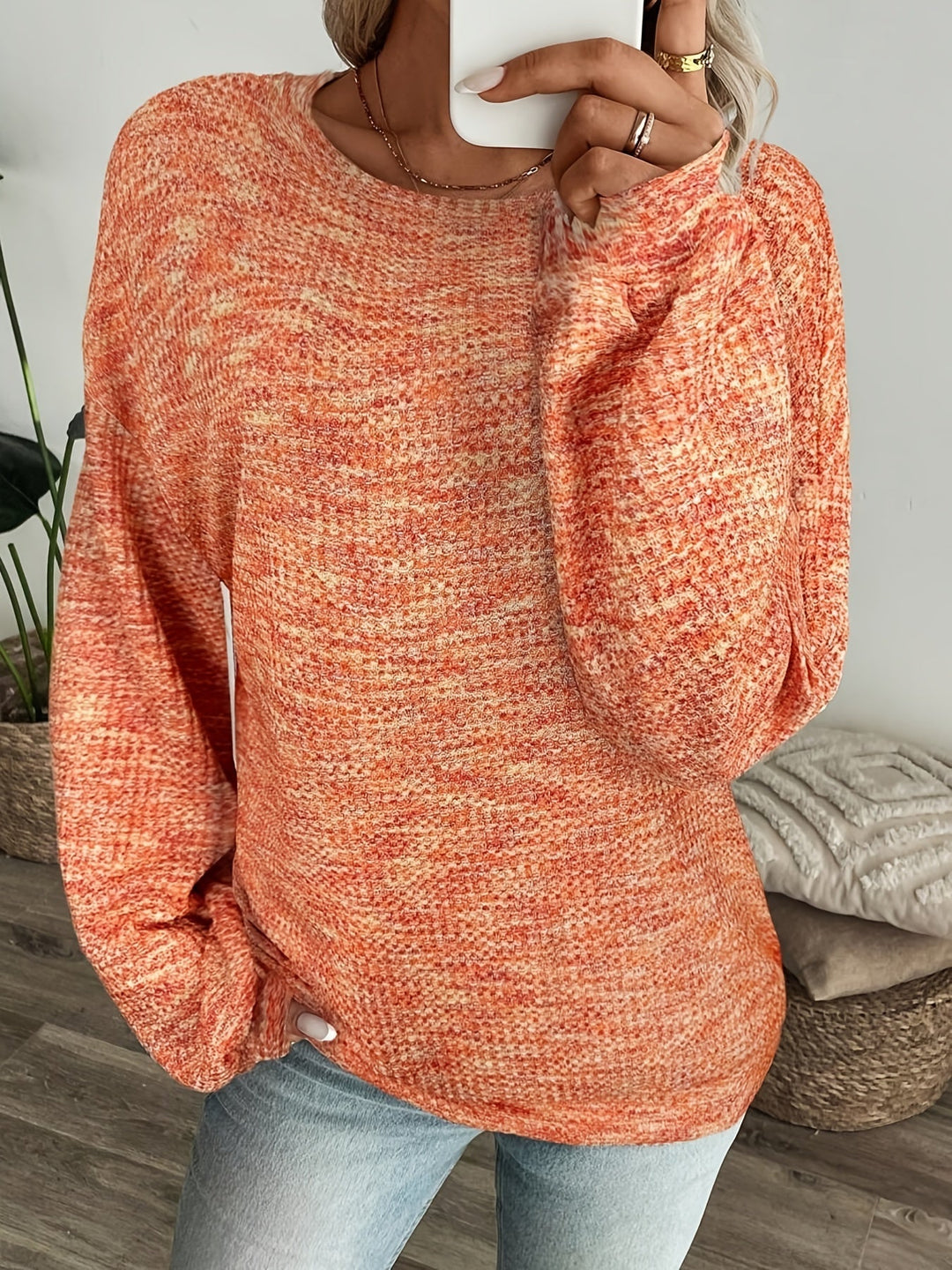 Orange-Red Relaxed Waffle-Knit Sweater for Women