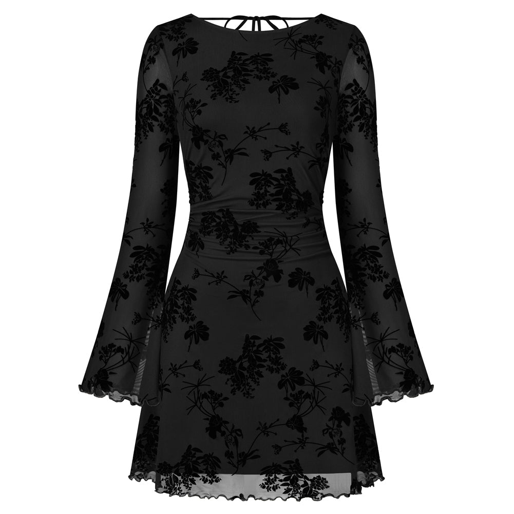 Women's Long Sleeve Vintage Mesh Dress – Black