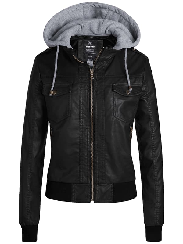 Women's Faux Leather Moto Jacket with Hood