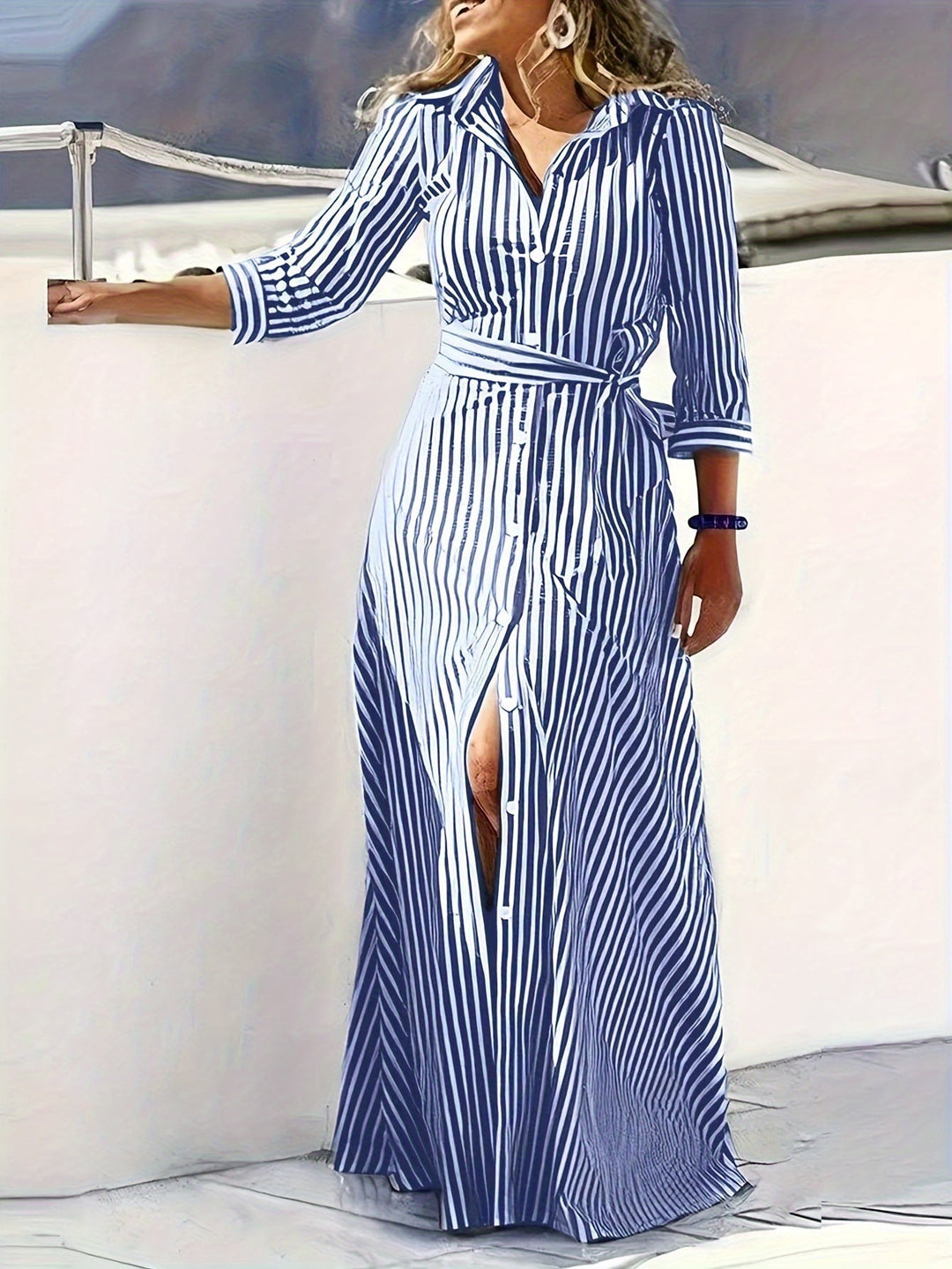 Women's Belted Shirt Maxi Dress