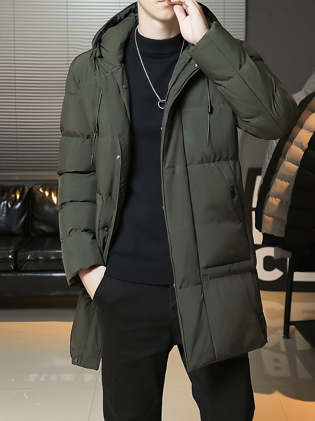 Hooded Longline Puffer Coat for Men, Plus Size