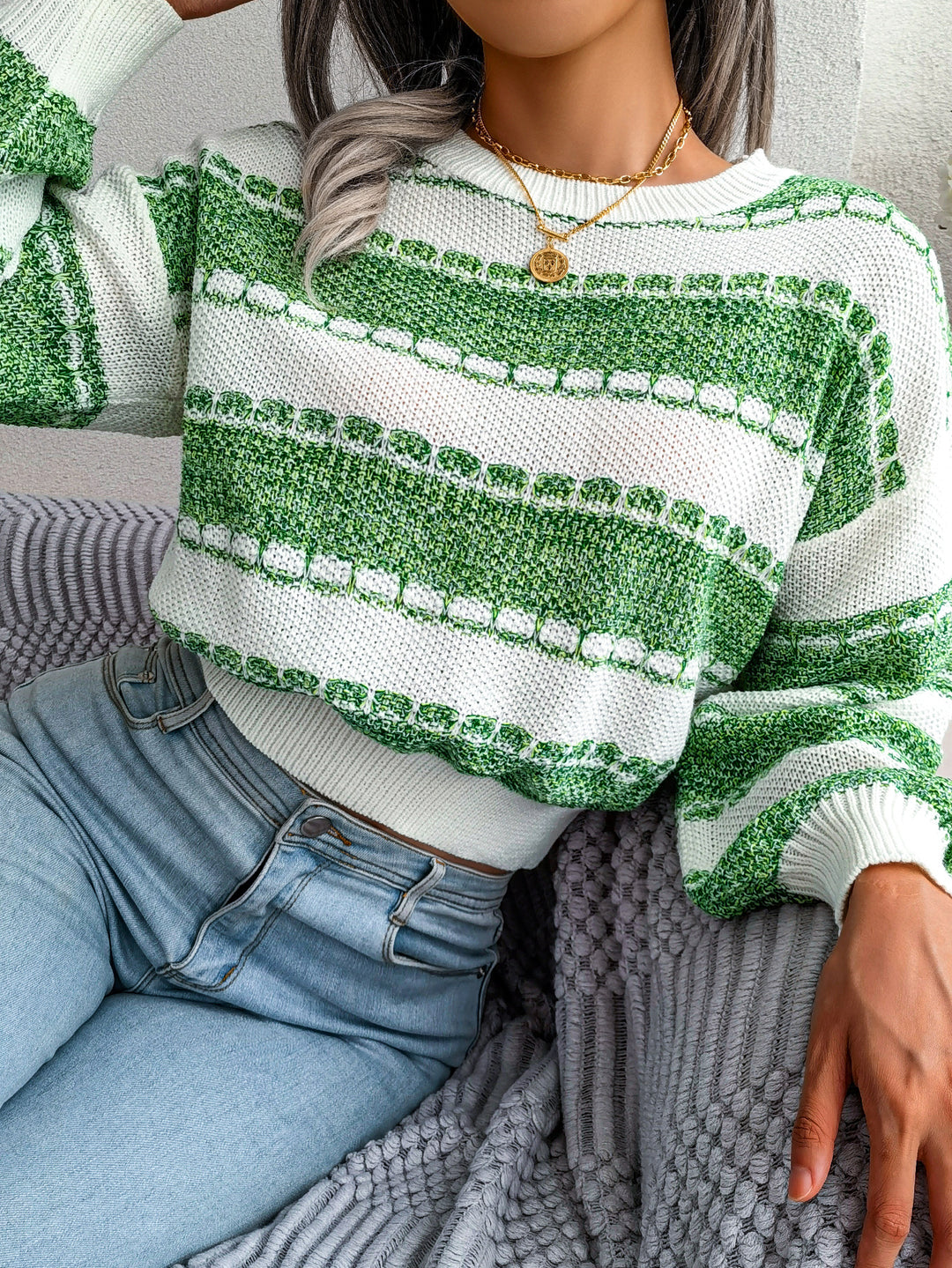 Women's Long Sleeve Knit Sweater – Black, Green, Orange