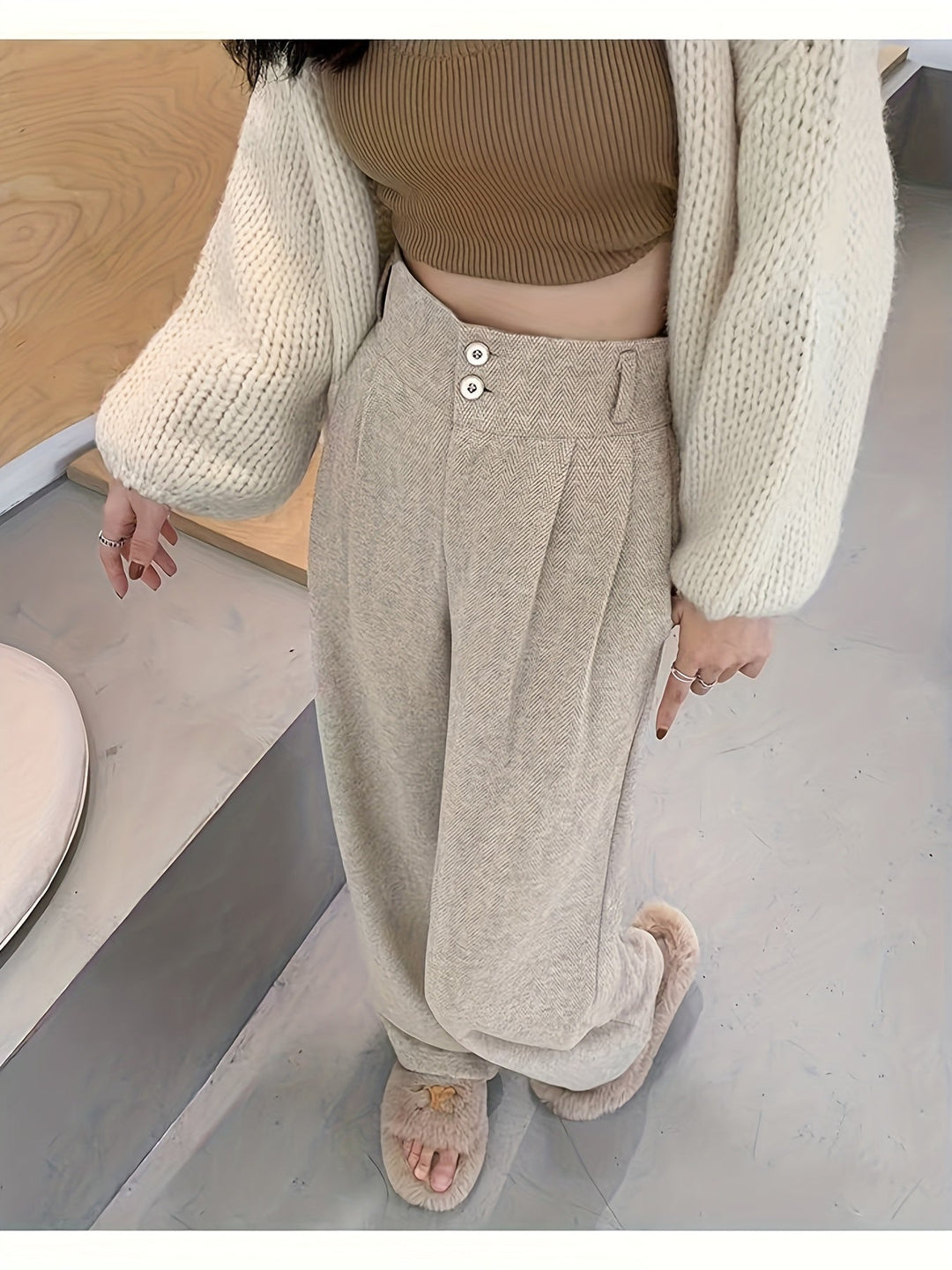 Khaki High-Waisted Wide-Leg Trousers for Women