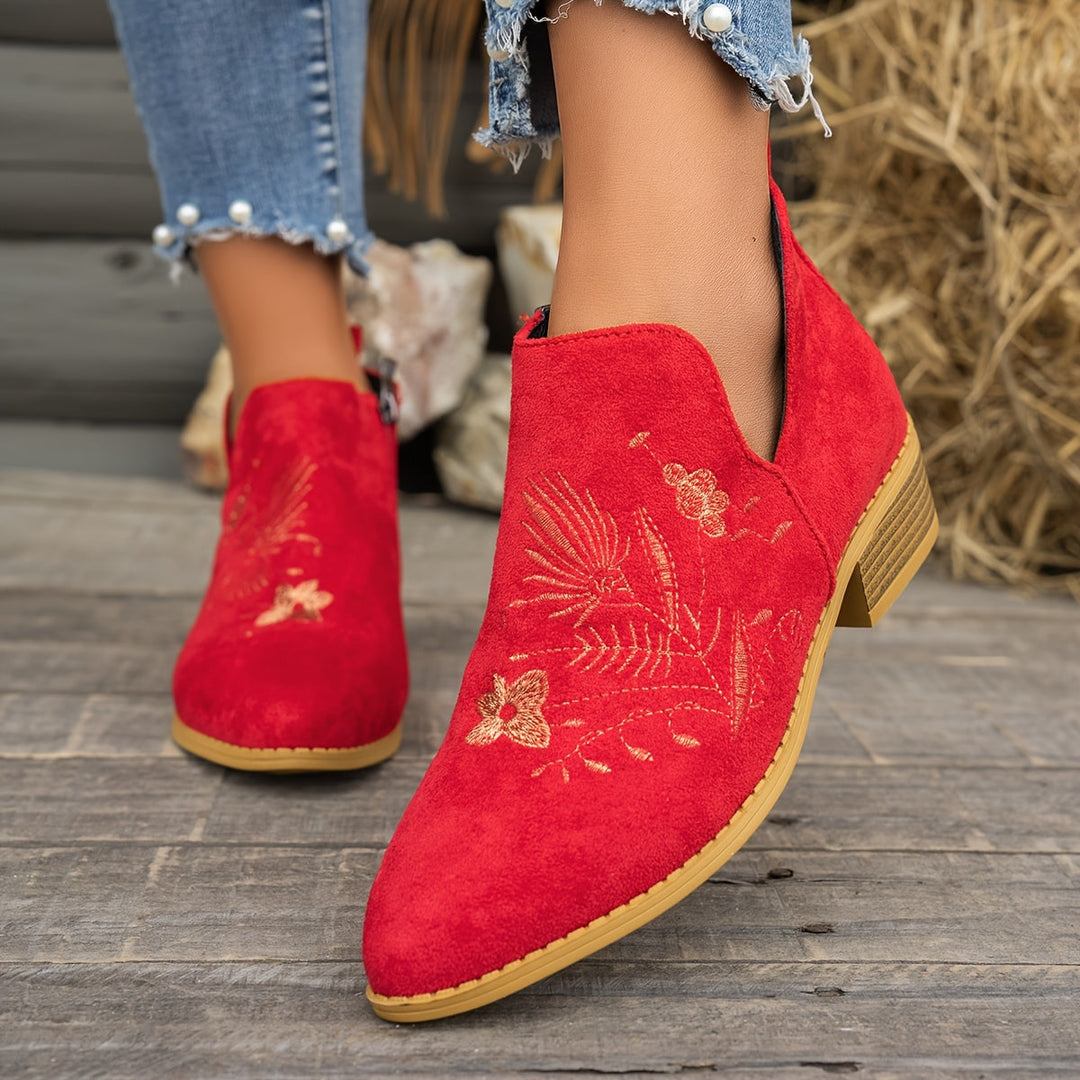 Embroidered Low-Heel Ankle Boots for Women