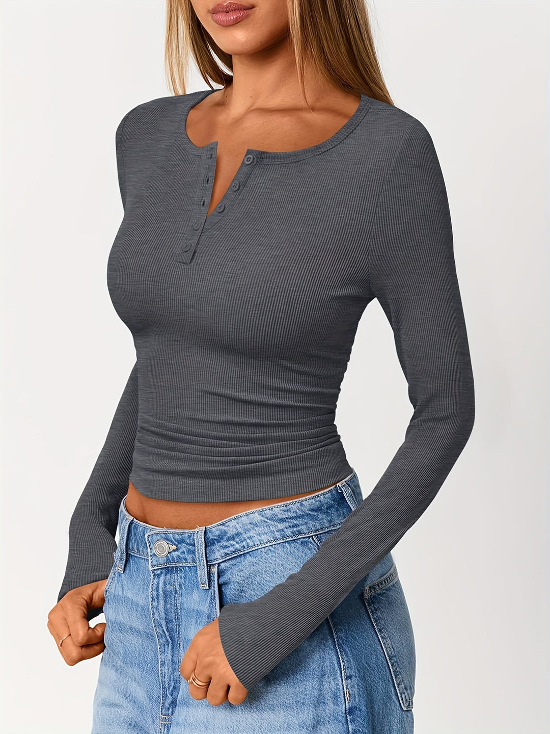Fitted Button Henley Top for Women