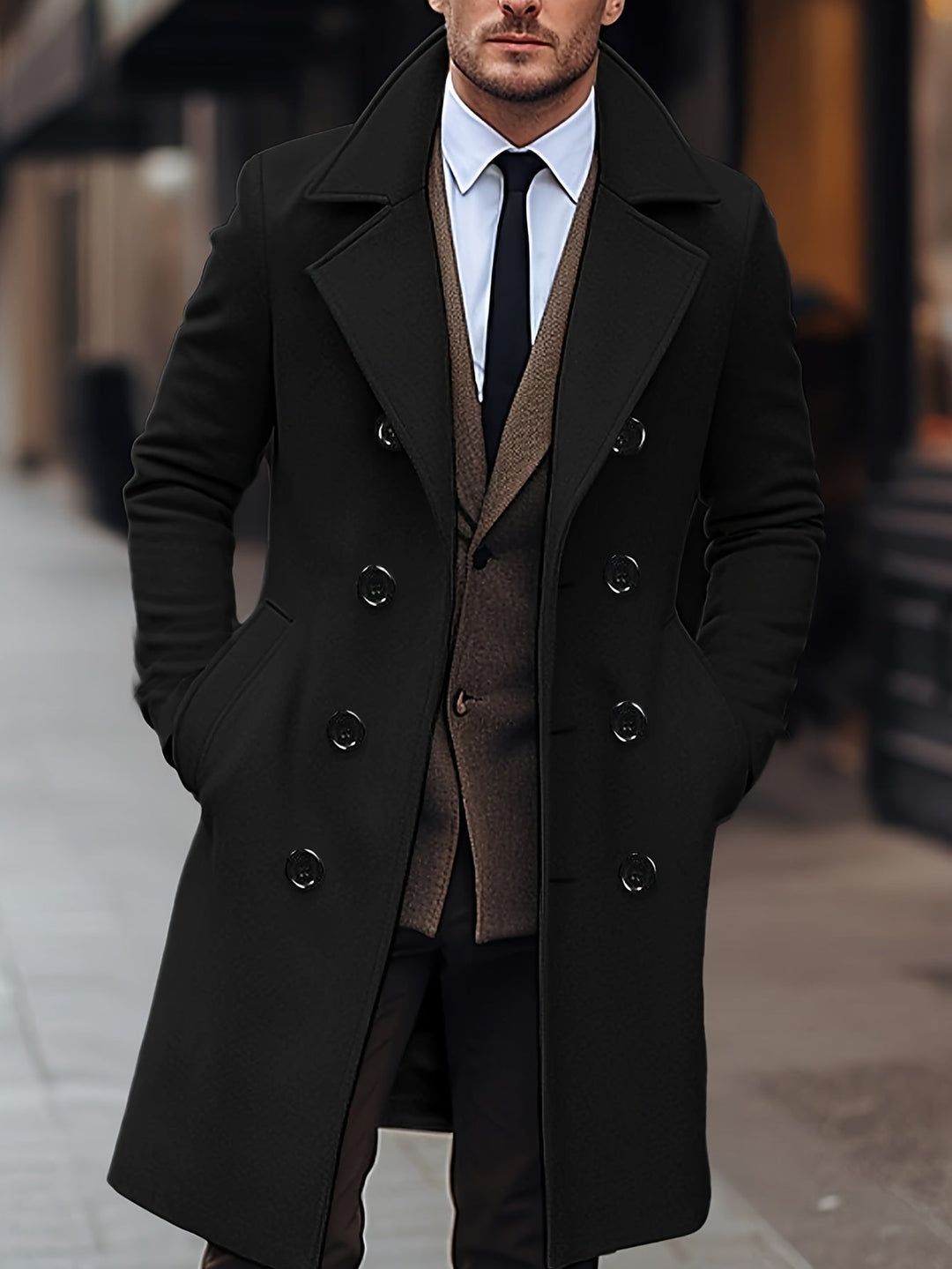 Black Double-Breasted Tailored Overcoat for Men