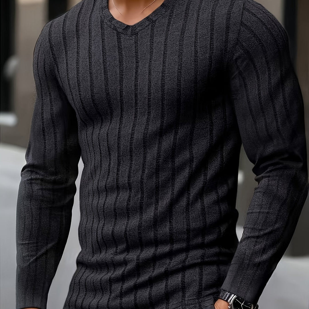 Black Ribbed V-Neck Long Sleeve Top for Men