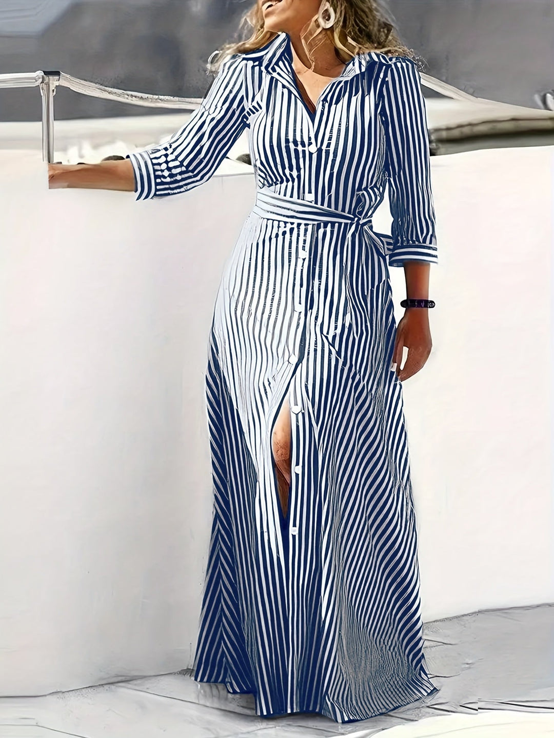 Women's Belted Shirt Maxi Dress