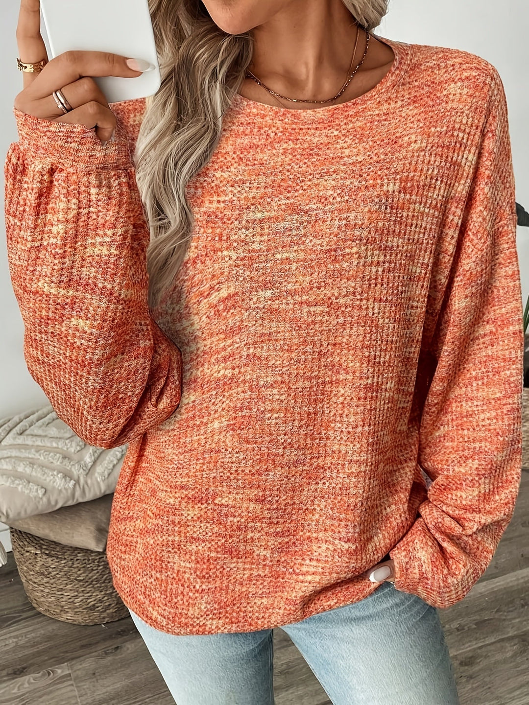 Orange-Red Relaxed Waffle-Knit Sweater for Women