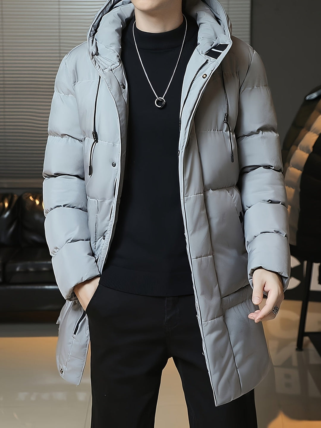Hooded Longline Puffer Coat for Men, Plus Size