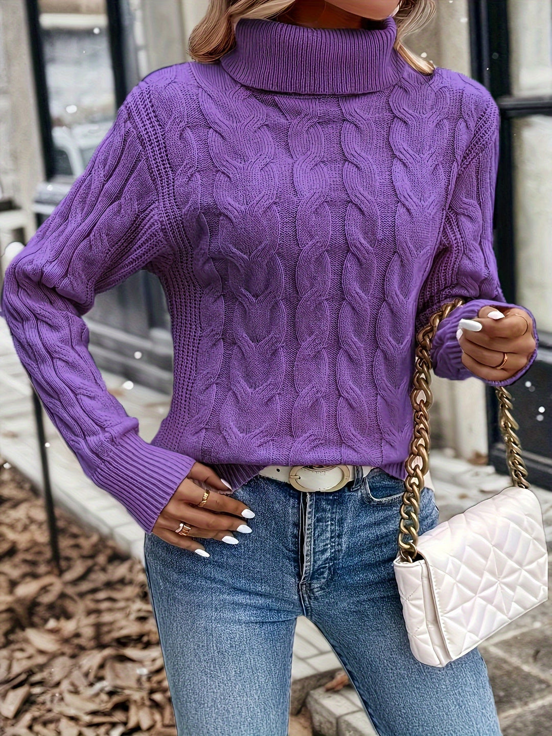 Cable-Knit Turtleneck Sweater for Women, Cozy Style