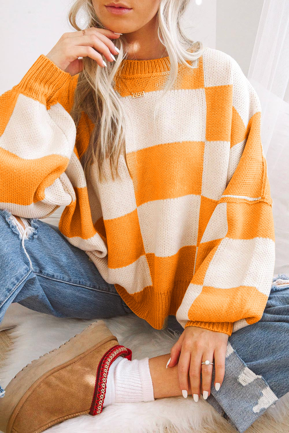 Women's Balloon Sleeve Plaid Sweater