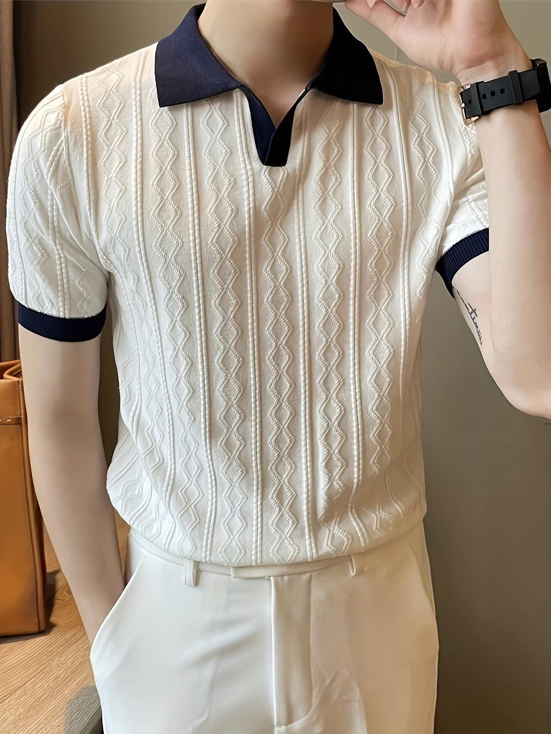 Contrast-Collar Polo Shirt for Men, Textured Style