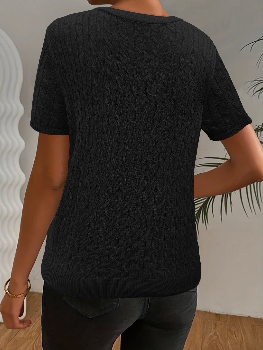 Round Neck Short Sleeve Top for Women, Textured Style