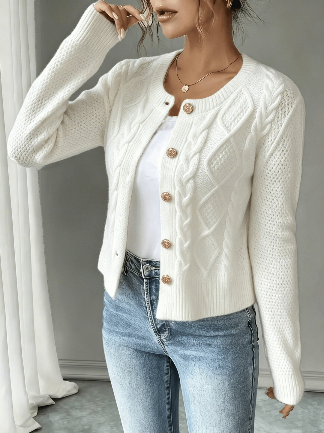 Cable-Knit Button-Front Cardigan for Women
