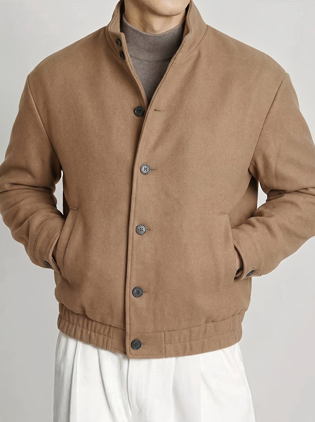 Khaki Refined Button-Front Bomber Jacket for Men