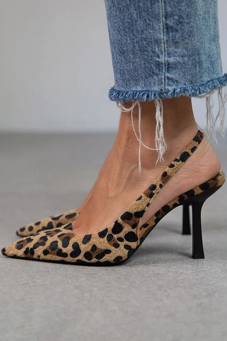 Brown Leopard Sling Back Pointed Heels for Women