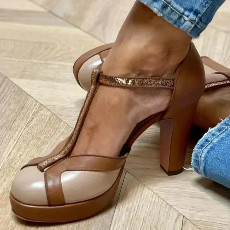 Brown Sophisticated Two Tine T-Strap Heels for Women