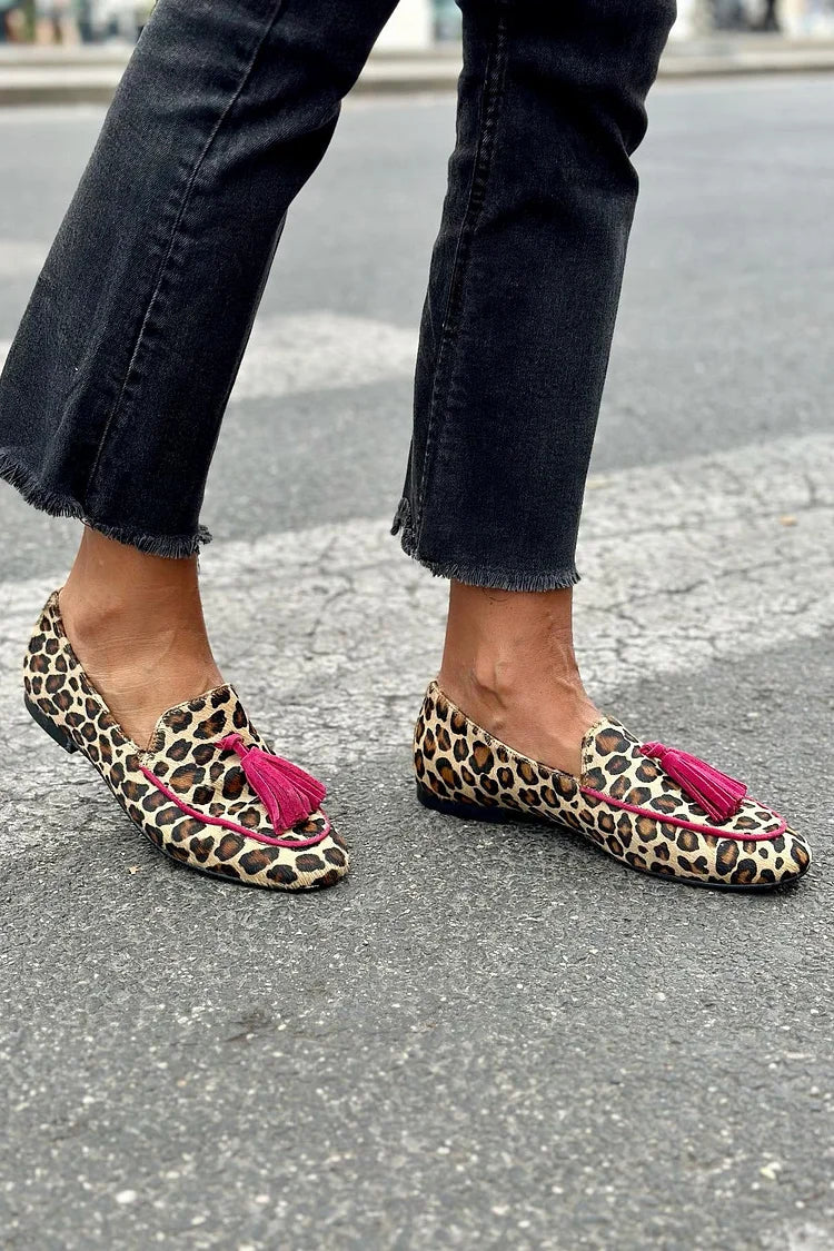 Brown Classic Animal Print Fringes Loafer