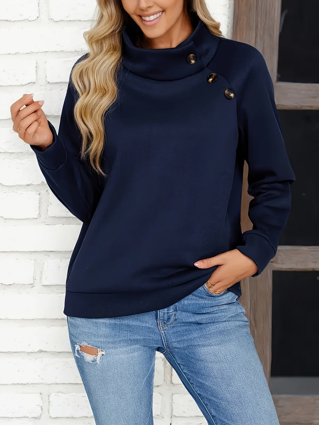Navy Button-Accent Stand Collar Sweatshirt for Women