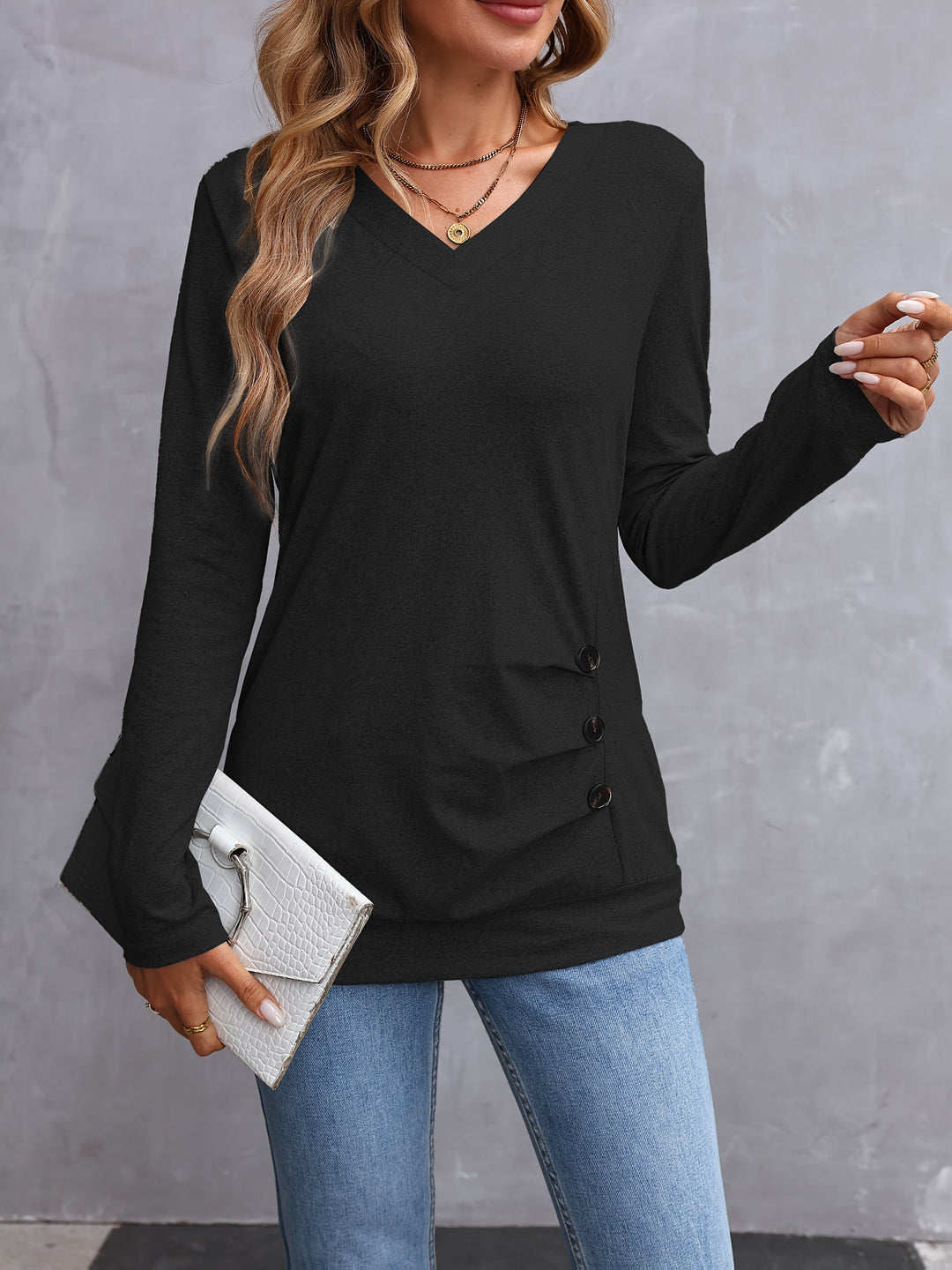 Side-Button V-Neck Long Sleeve Top for Women