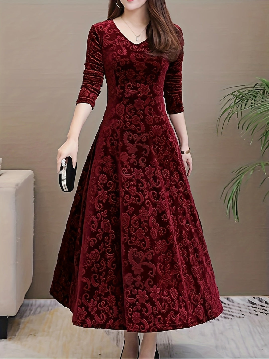 Long-Sleeve Midi Dress for Women, Elegant Style