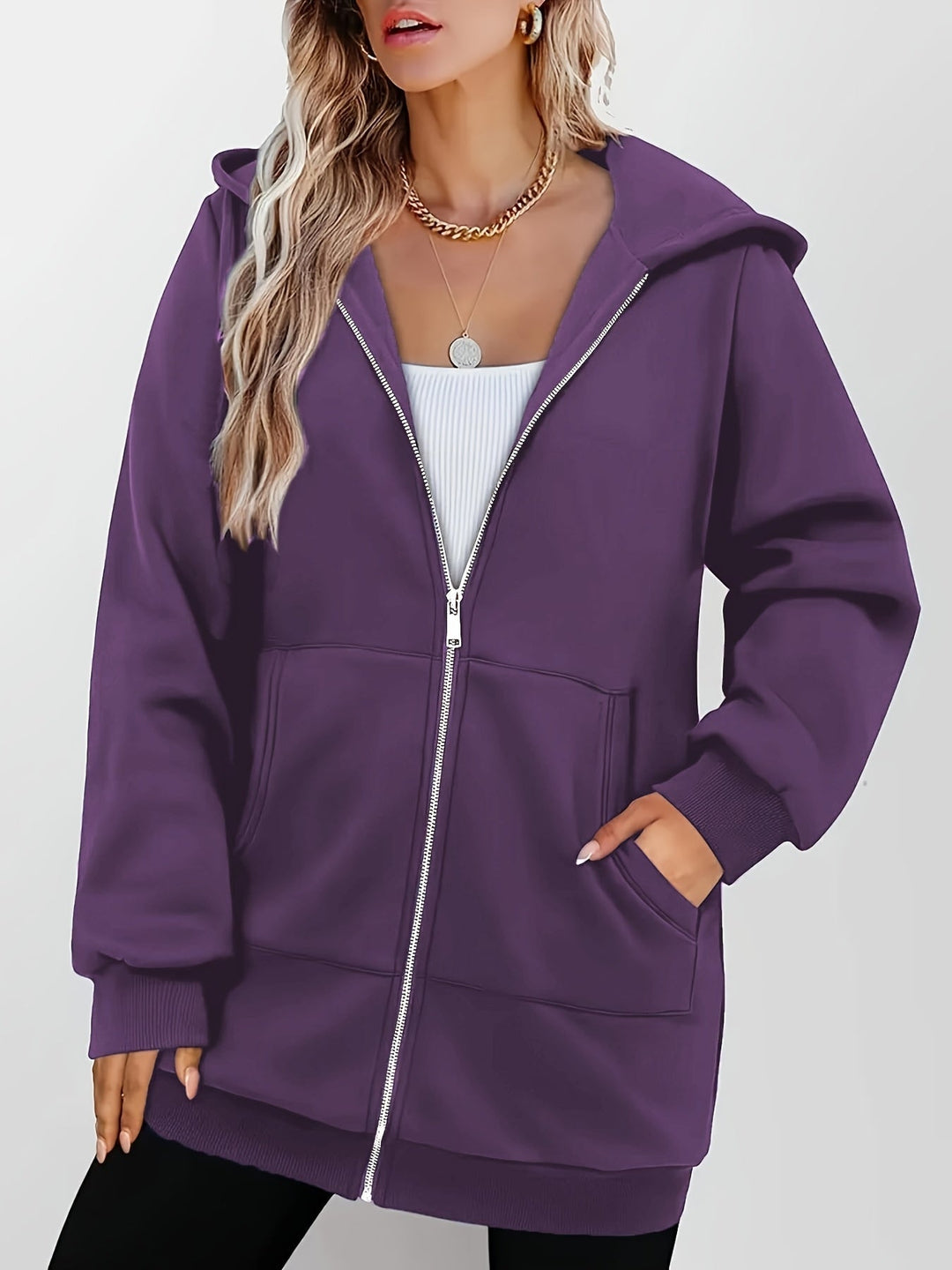 Purple Longline Hooded Zip Jacket for Women