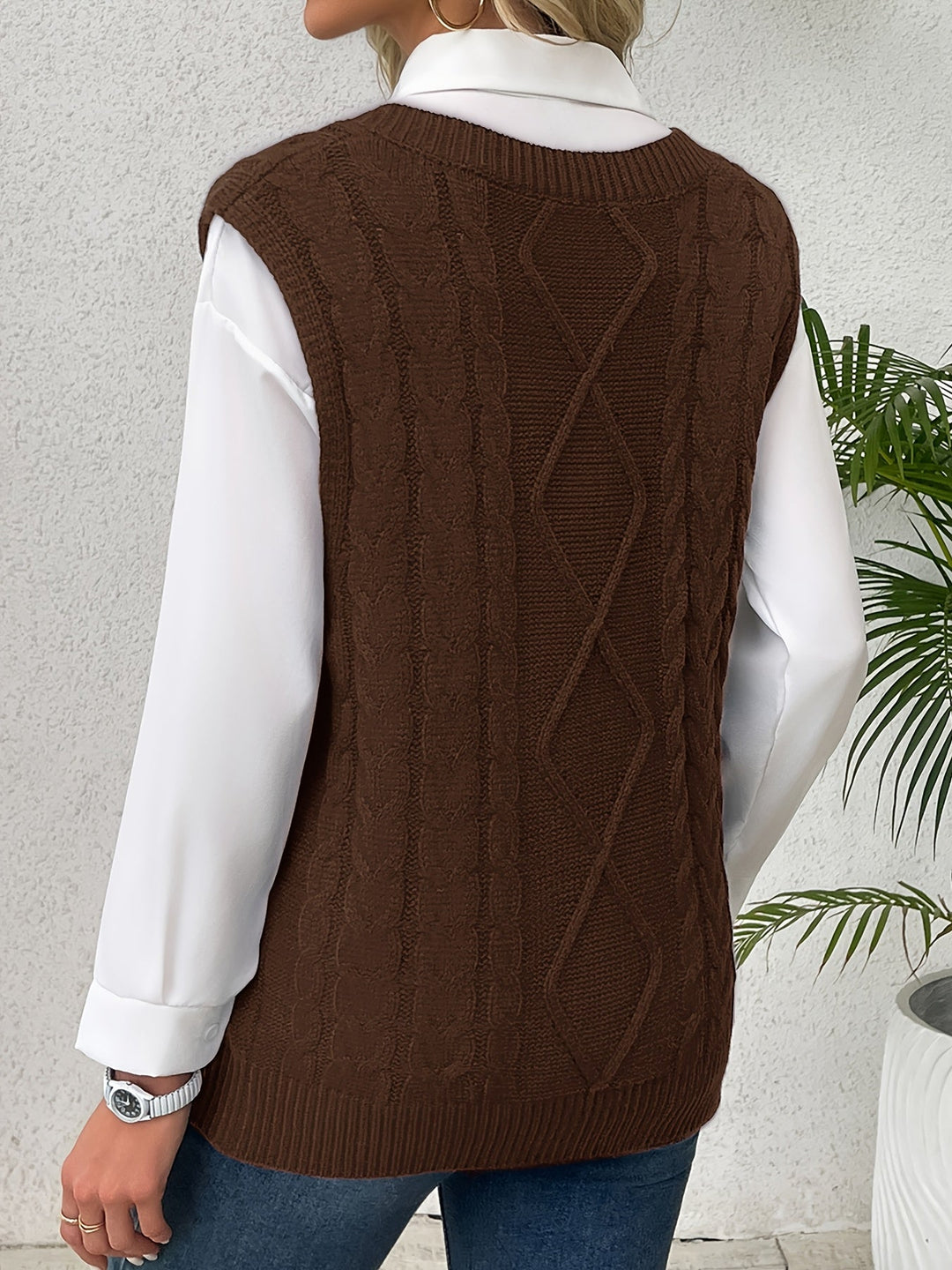 Ladies Cozy Cable-Knit V-Neck Sweater Vest