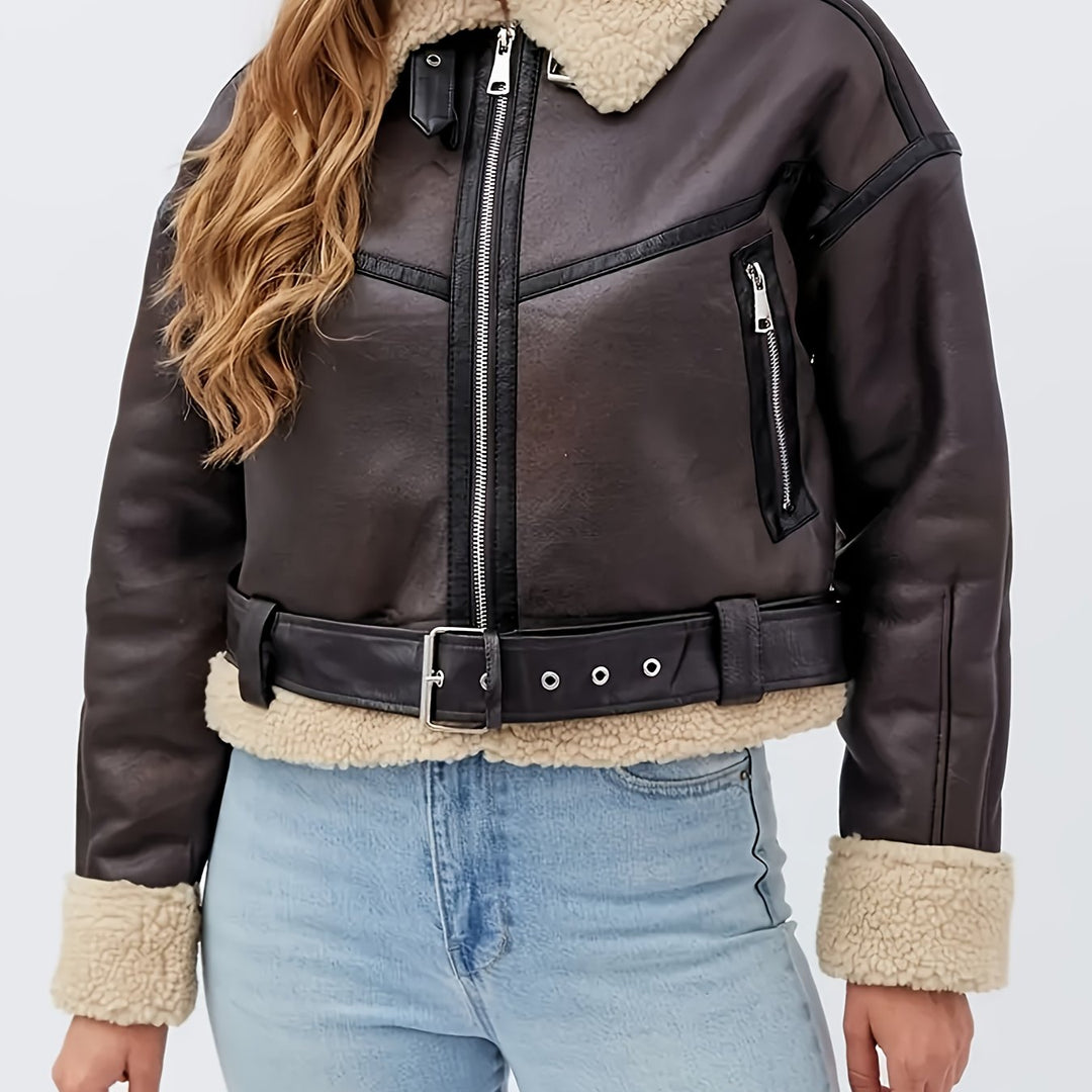 Coffee Brown Cozy-Lined Moto Jacket for Women