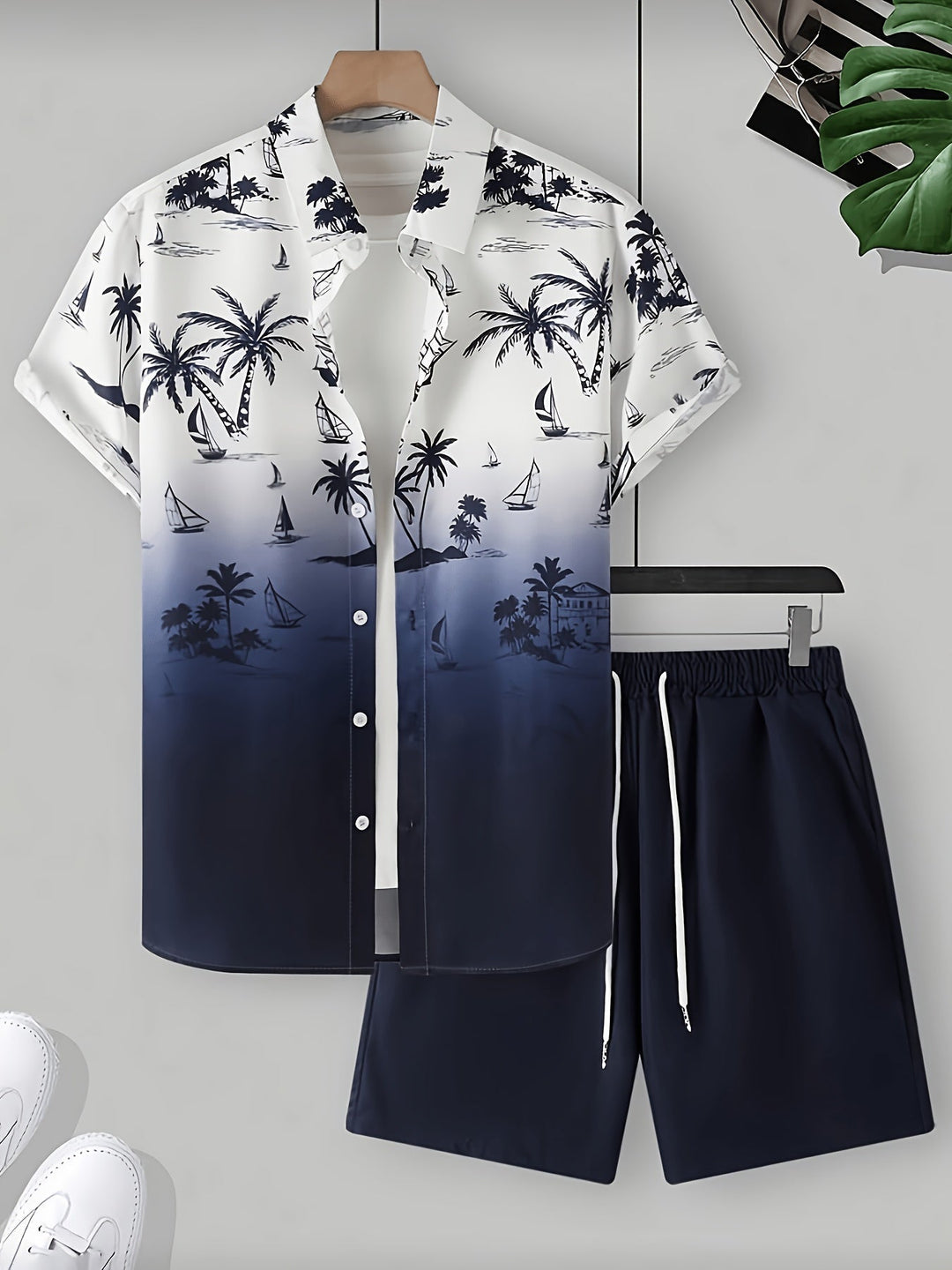 Coastal Print Shirt and Shorts Set for Men