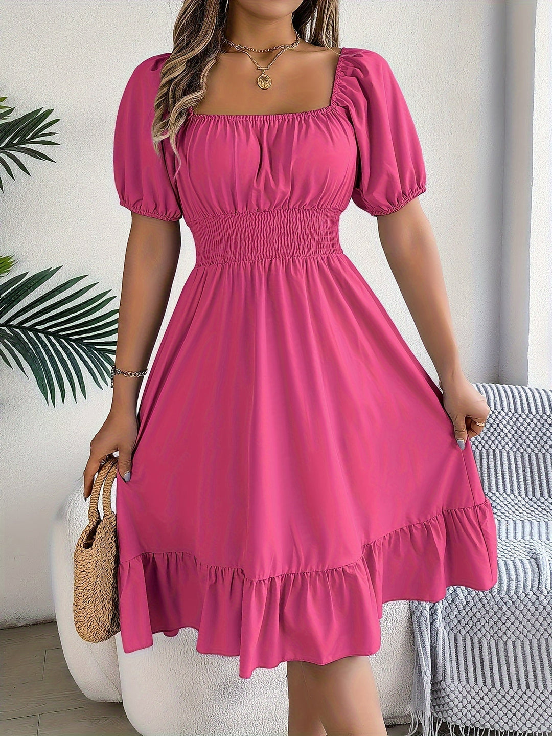 Square Neck Ruffled A-Line Dress for Women