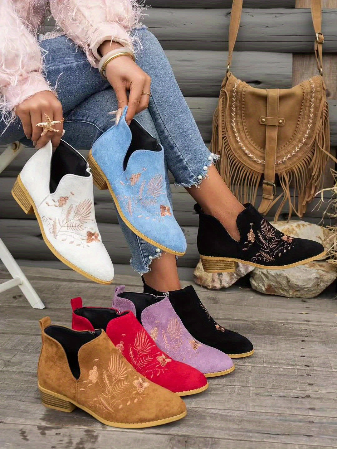 Embroidered Low-Heel Ankle Boots for Women