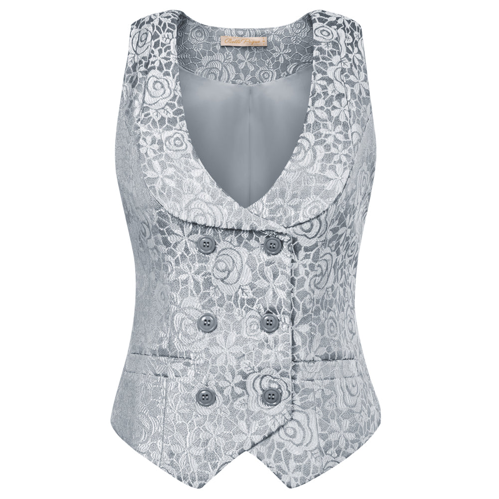 Women's Vintage-Style Double-Breasted Floral V-Neck Vest