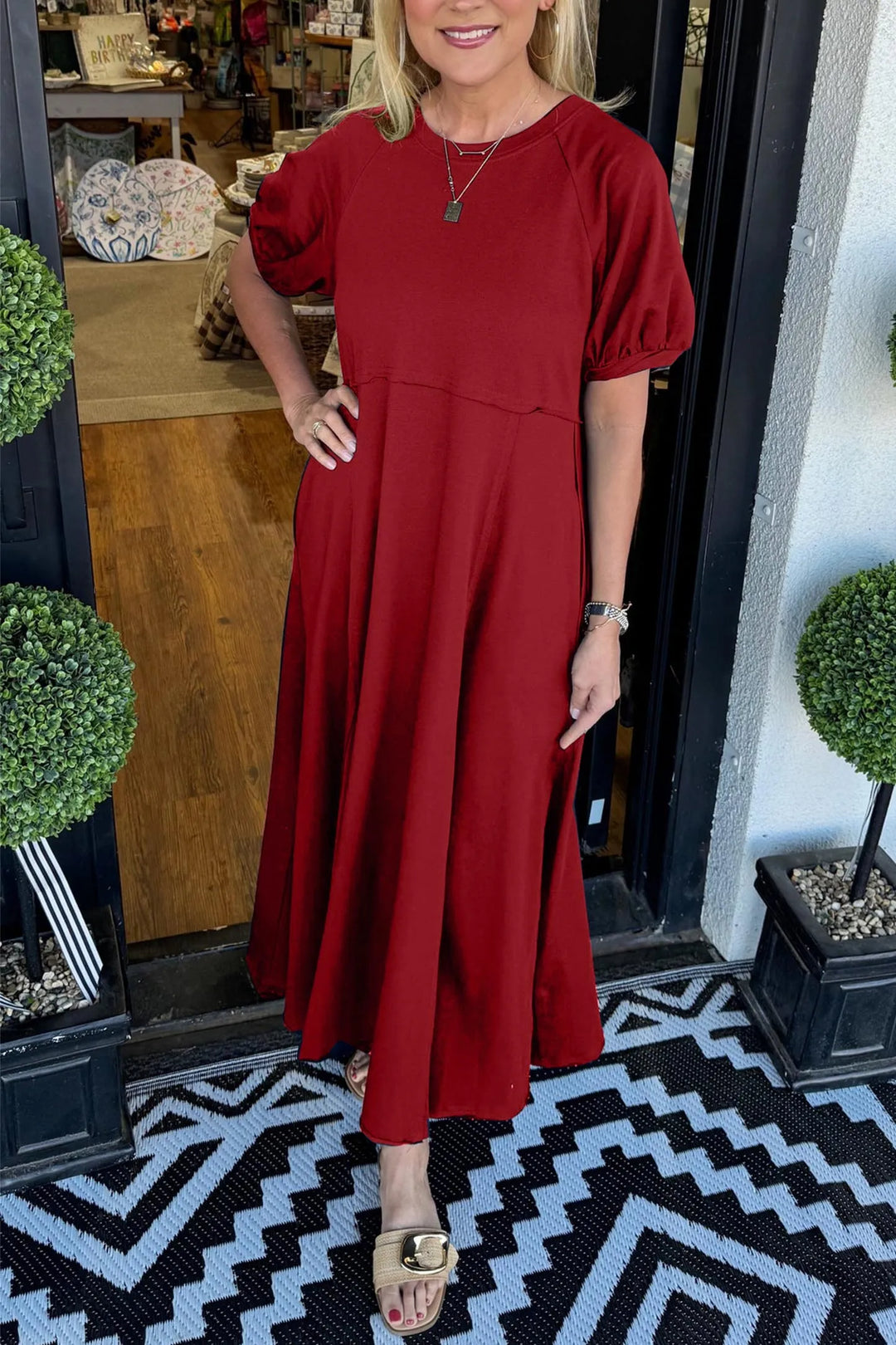 Puff Sleeve Round Neck Maxi Dress for Women, Plus Size