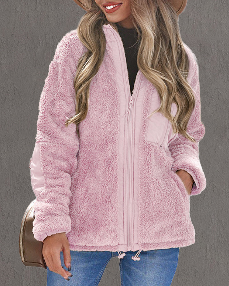 Women's Fuzzy Winter Zip-Up Coat with Pockets and Lapel Collar