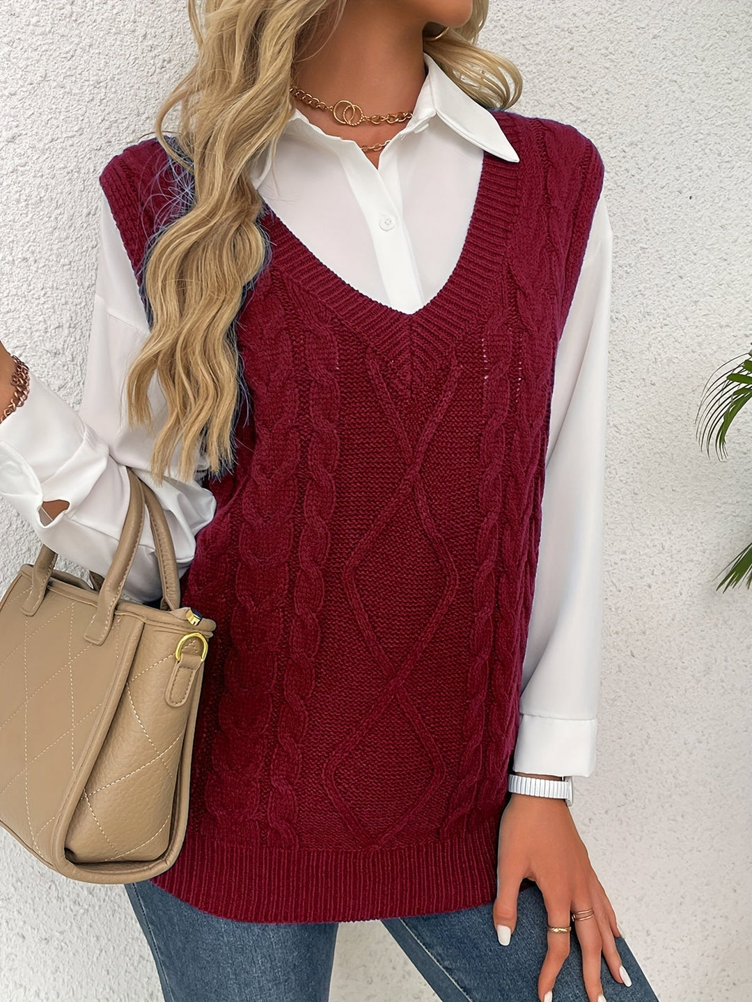 Ladies Cozy Cable-Knit V-Neck Sweater Vest