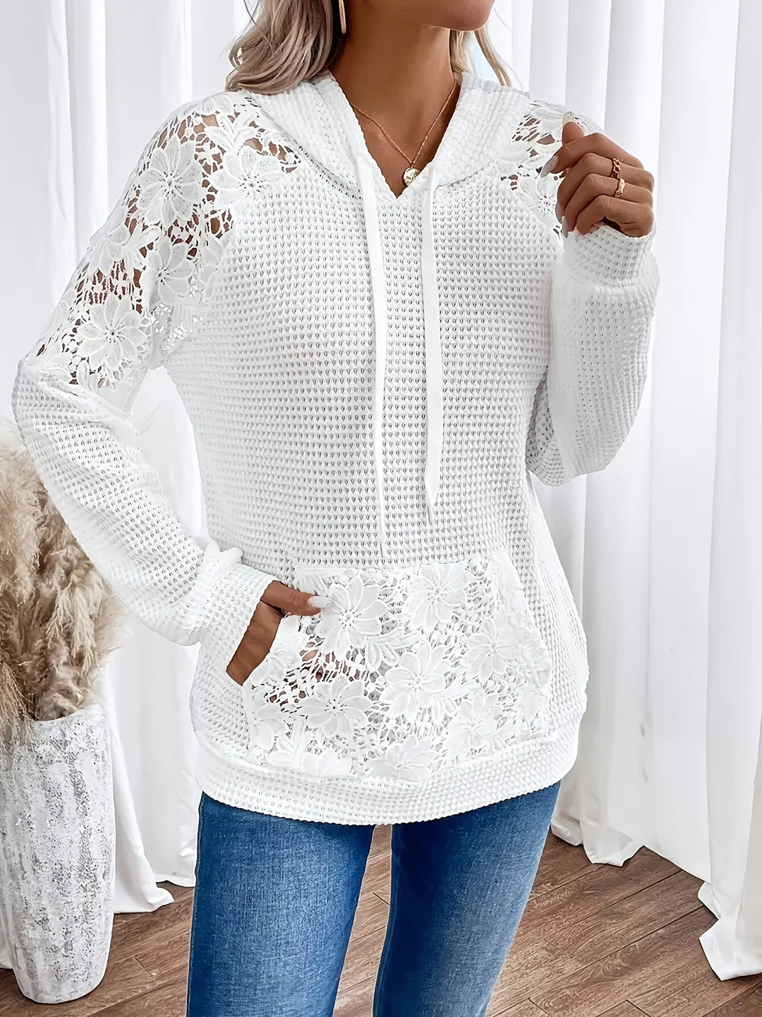 White Floral-Trimmed Hooded Top for Women