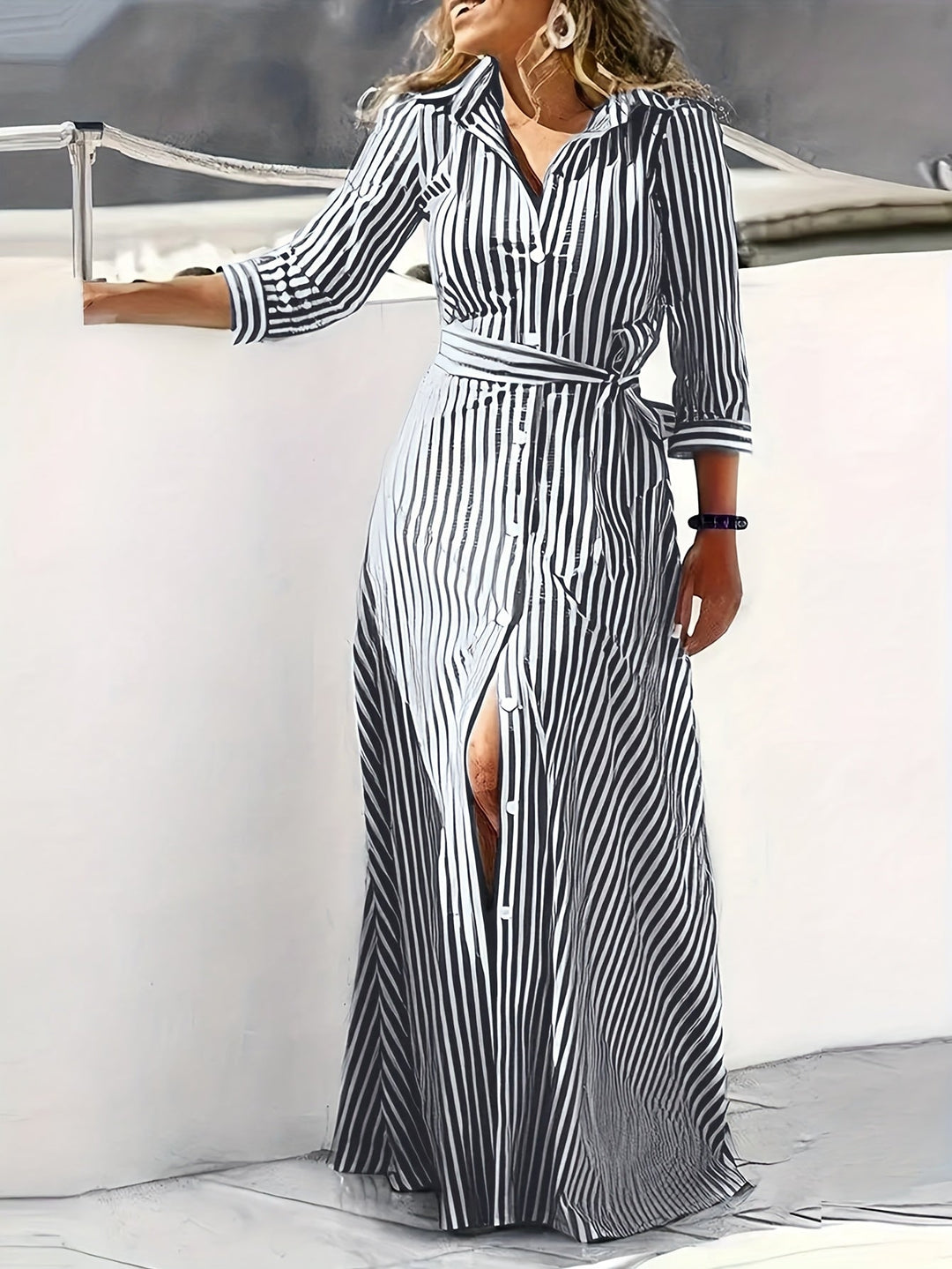 Women's Belted Shirt Maxi Dress