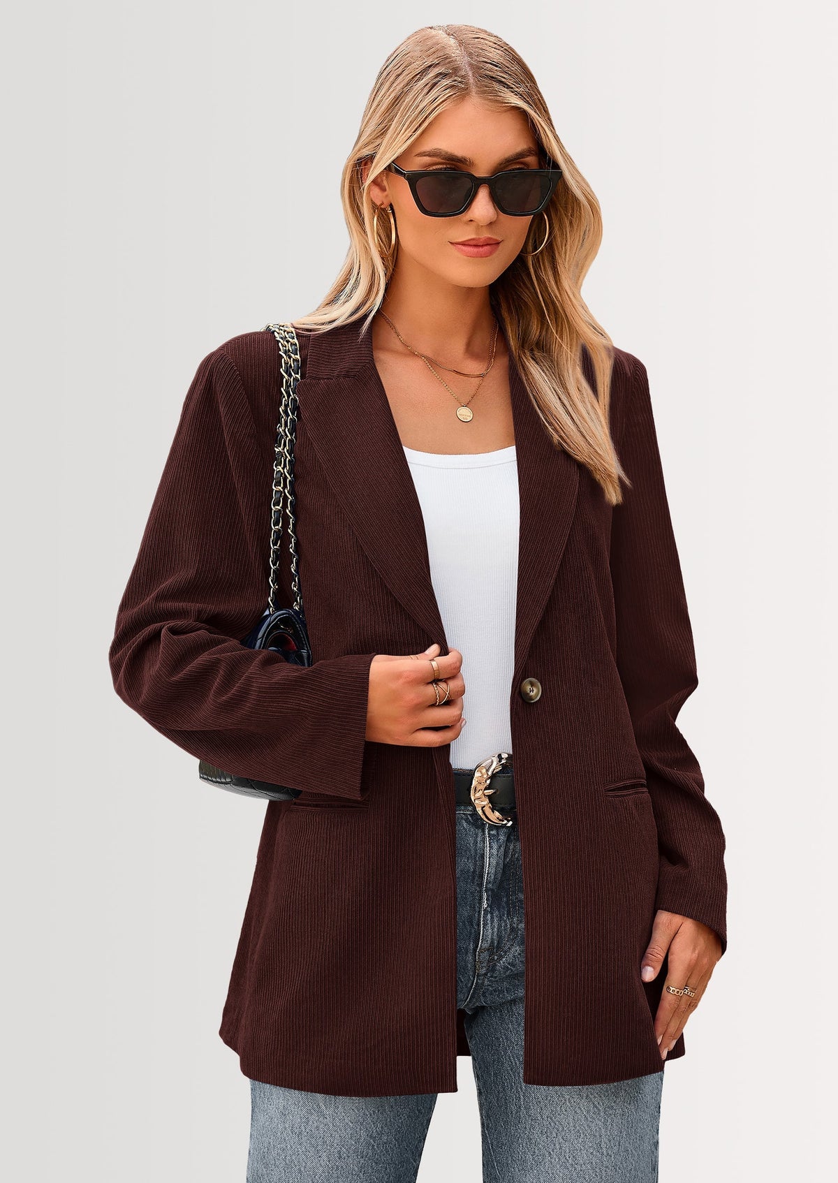Women's Corduroy Lapel Long Sleeve Business Blazer – Coffee