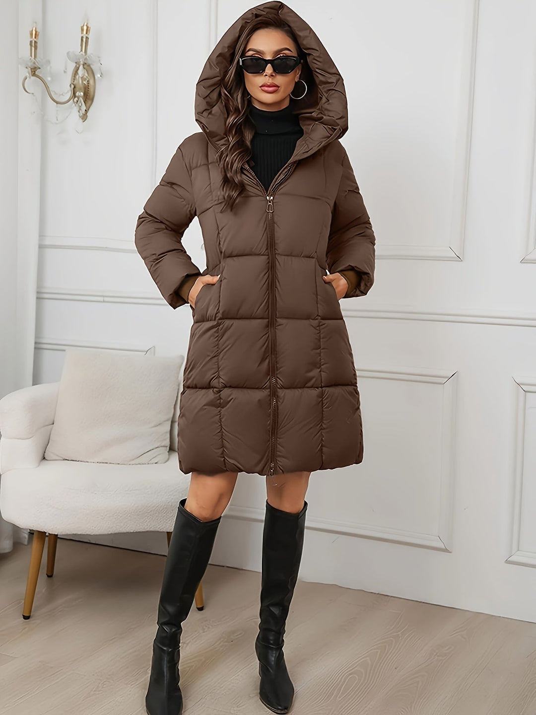 Hooded Longline Puffer Coat for Women