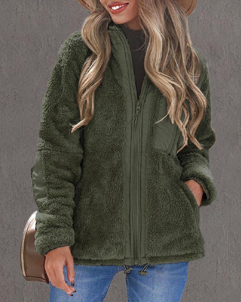 Women's Fuzzy Winter Zip-Up Coat with Pockets and Lapel Collar