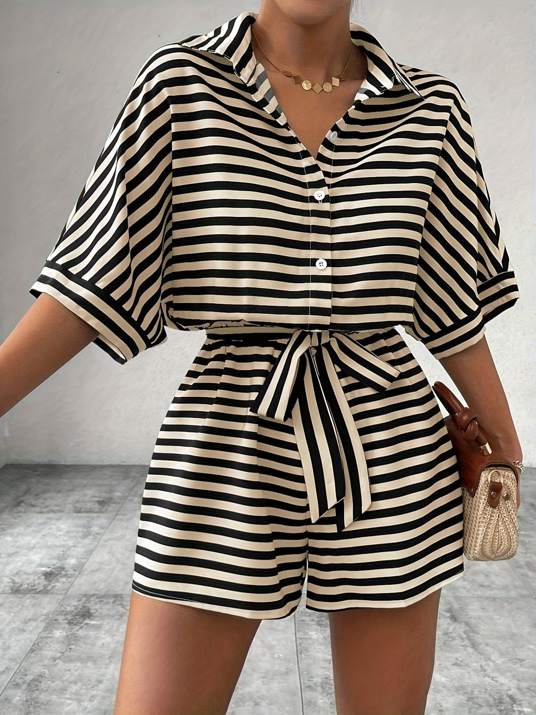 Ladies Belted Striped Romper