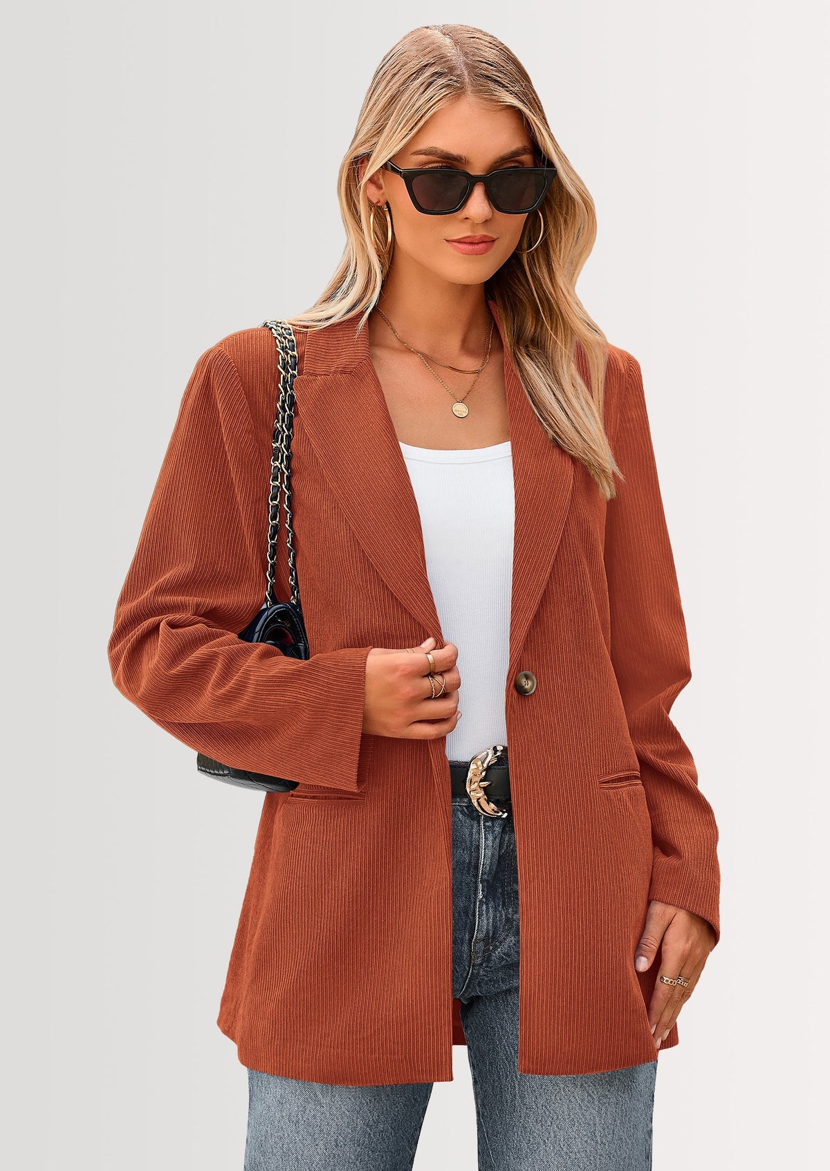 Women's Corduroy Lapel Long Sleeve Business Blazer – Brick Red