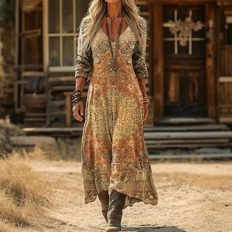 Multicolor Vintage Long Sleeve Casual Dress for Women