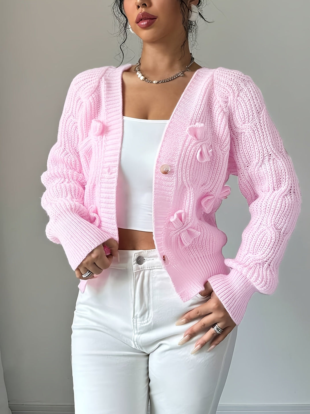 Bow-Detail Long Sleeve Cardigan, Women's Soft Fit