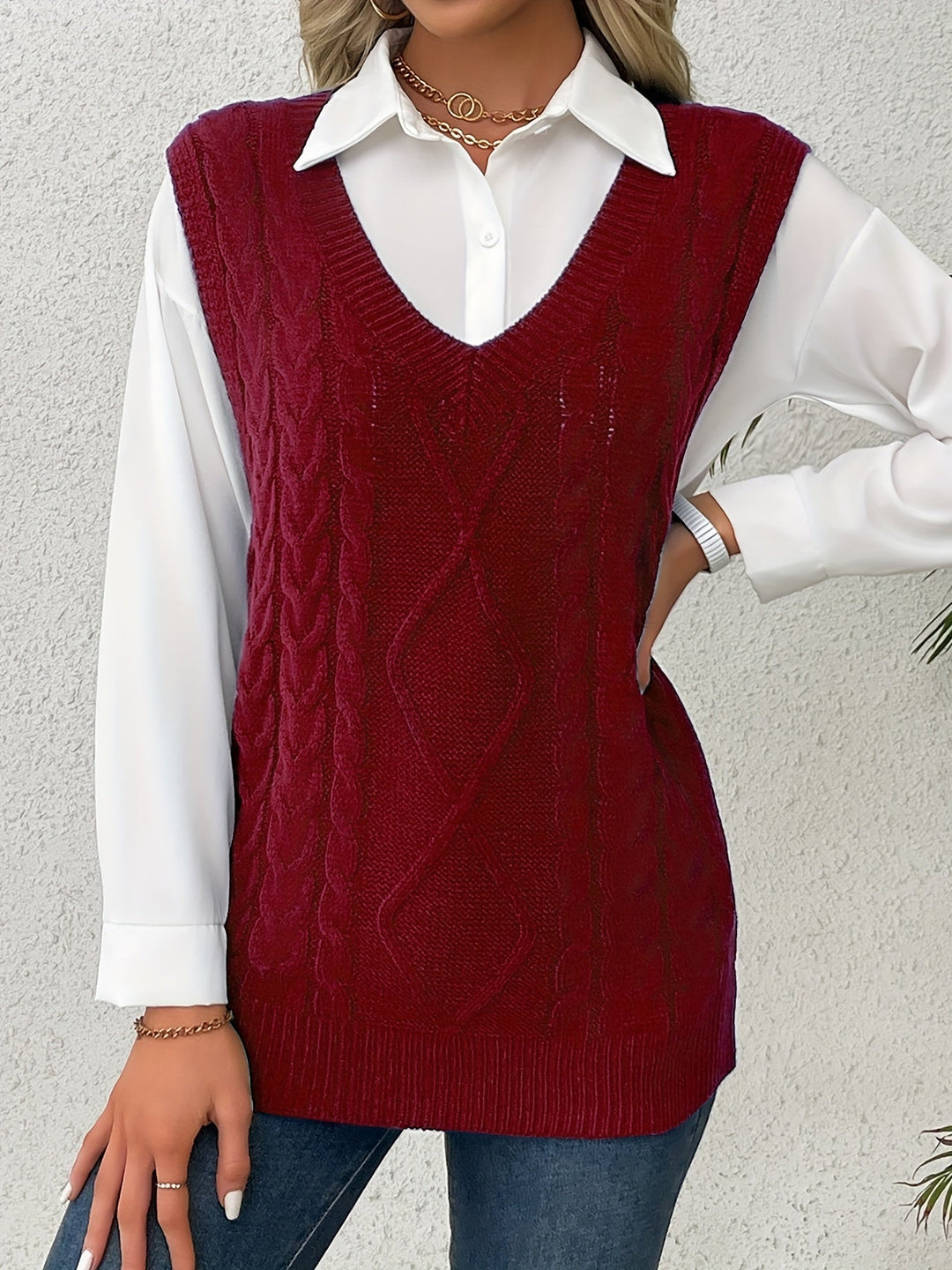 Ladies Cozy Cable-Knit V-Neck Sweater Vest