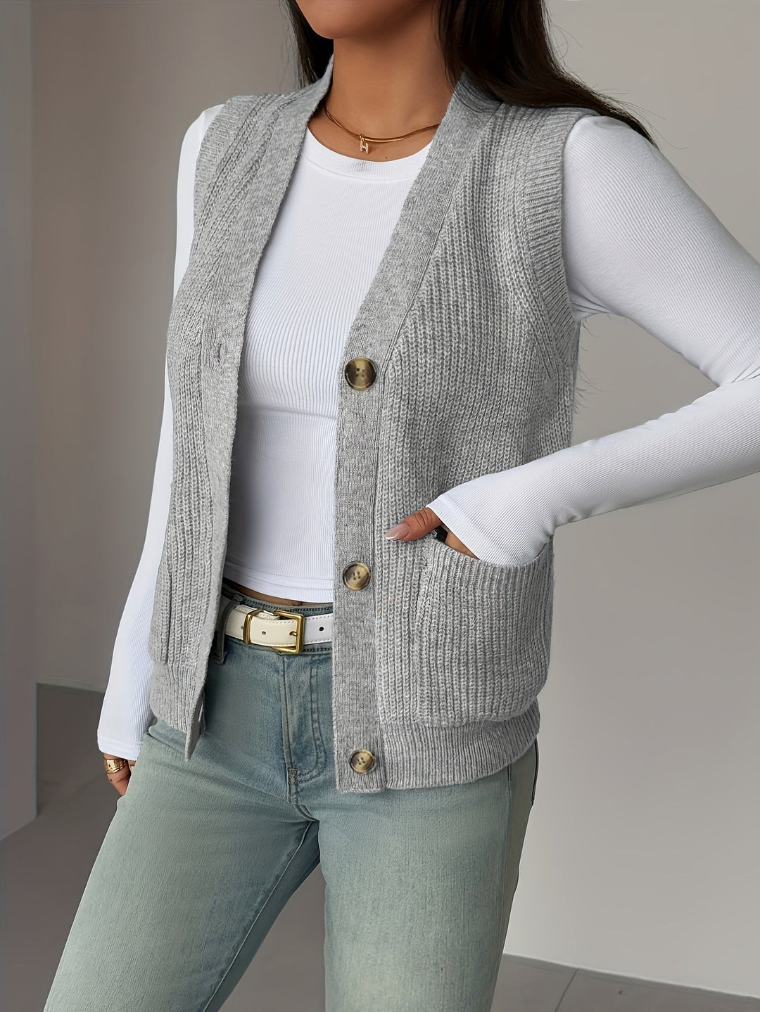 Buttoned V-Neck Knit Vest for Women