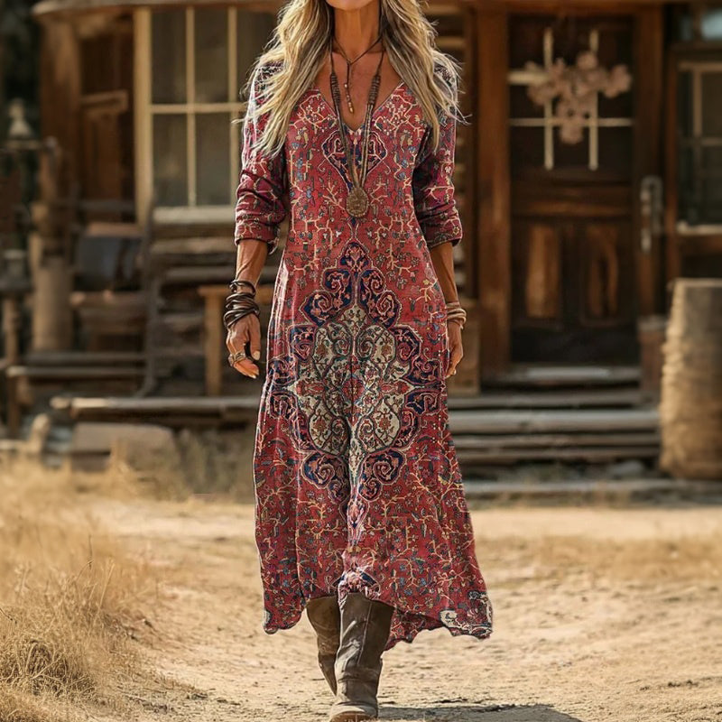 Red Vintage Mandella Long Sleeve Dress for Women