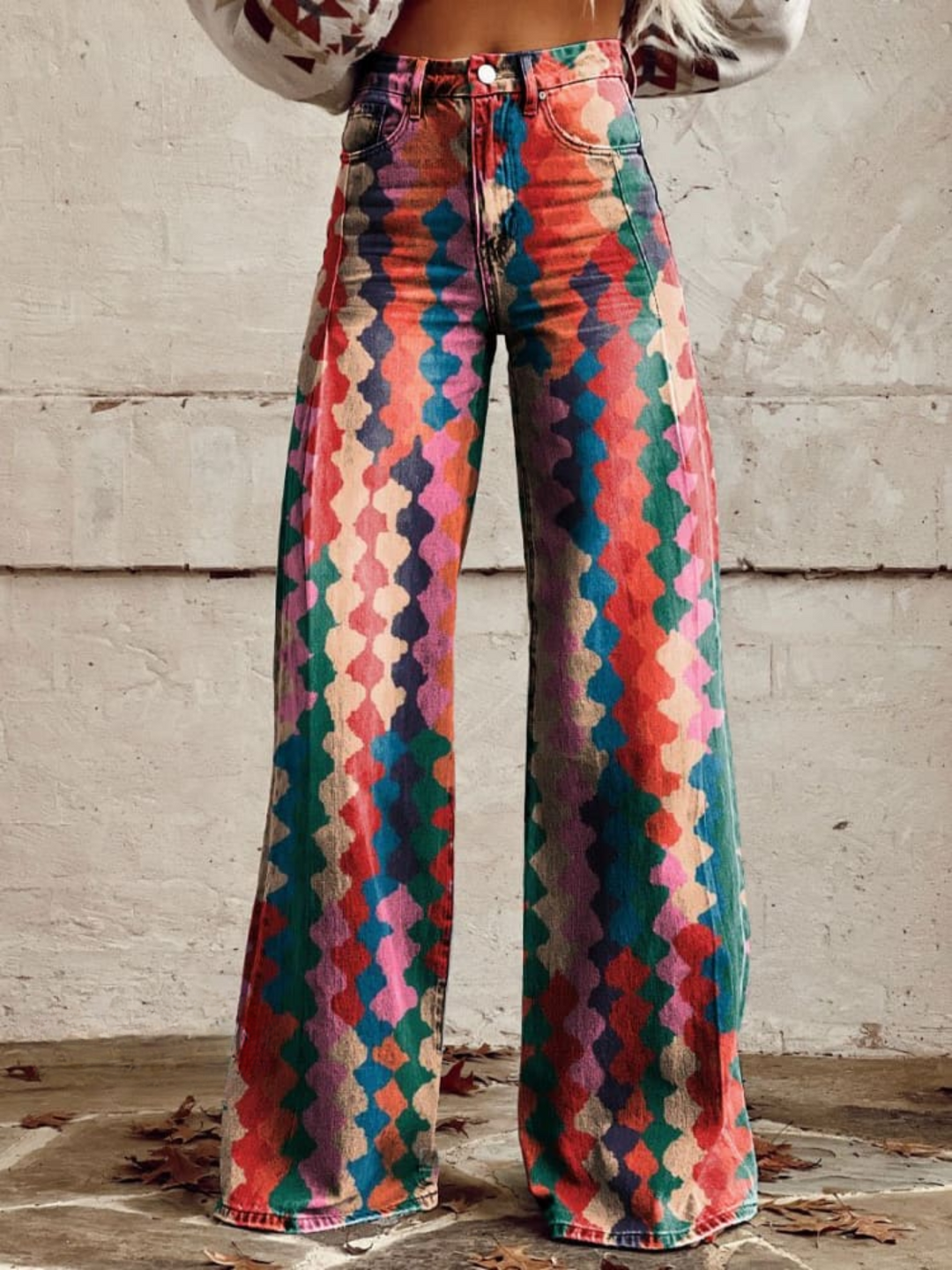 Multicolor Elegant Diamond Pattern Bohemian Pants
